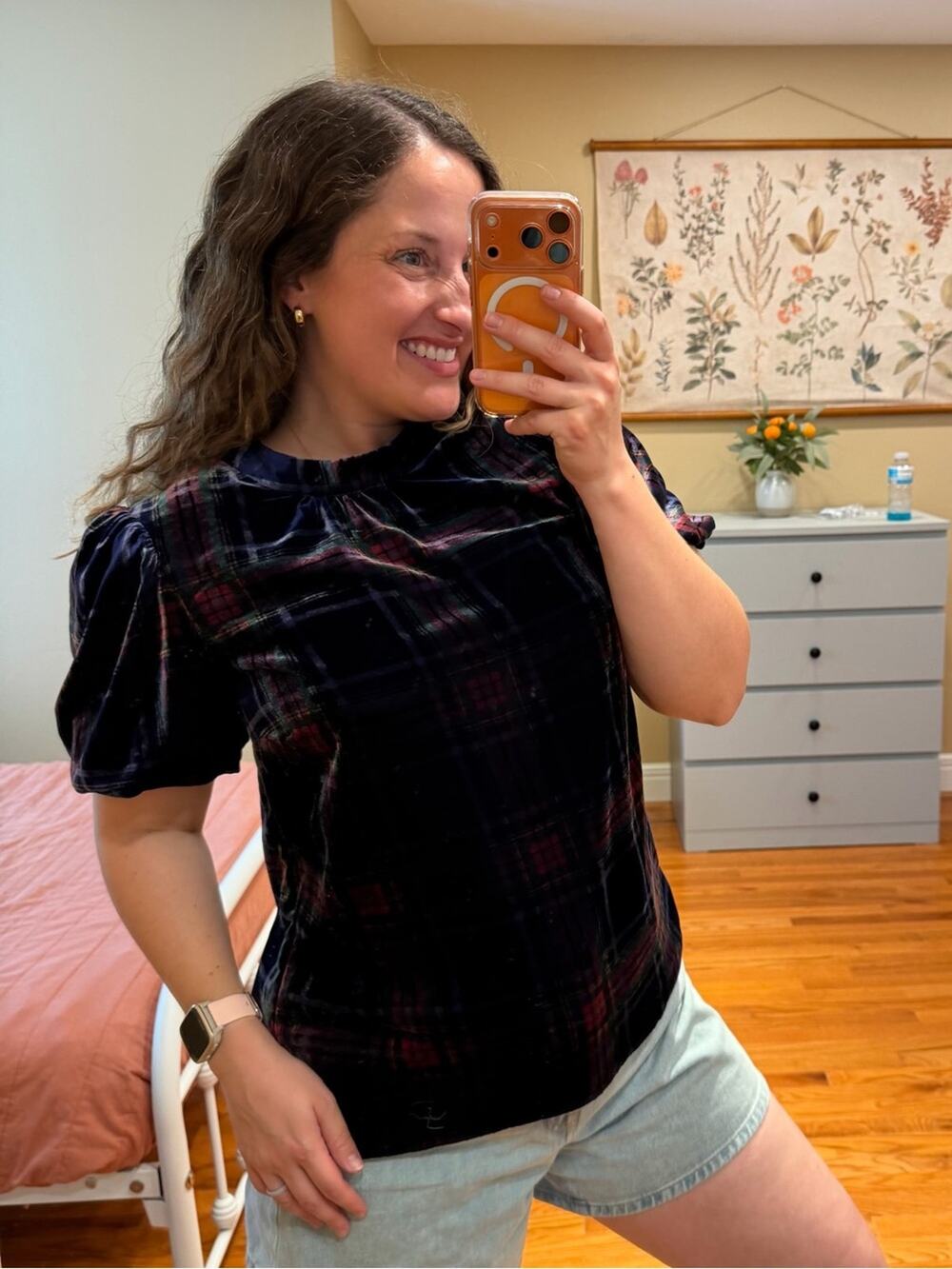 NWT Boden Velvet Plaid Short Sleeve Top - Navy/Deep Burgundy 8